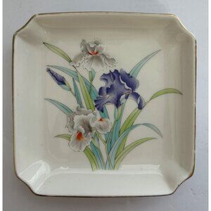 Otagiri Japan Iris Bouquet Square Trinket Soap Dish Vintage Floral 1980s Decor